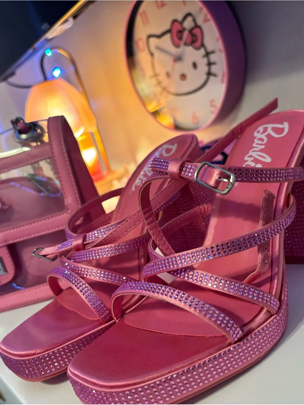Barbie Hot Pink Rhinestone Platform Heeled Sandals and bag